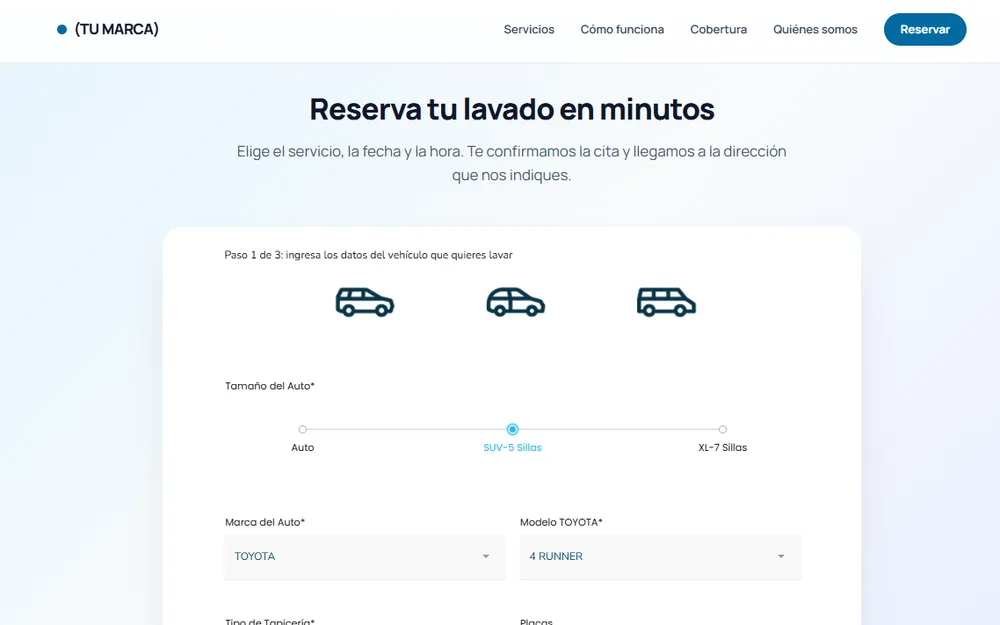 Formulario de reserva en línea donde el cliente ingresa los datos de su vehículo