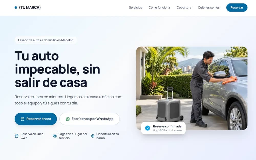 Página web de un negocio de lavado de autos a domicilio con su marca, botón de reserva en línea y WhatsApp