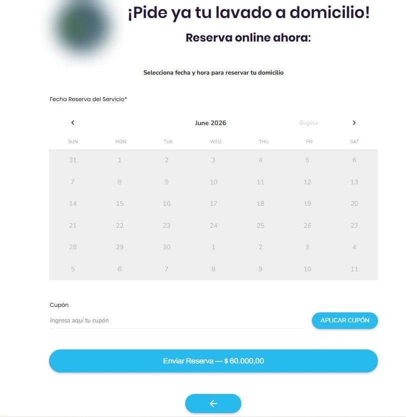 Calendario de reserva en línea para agendar el servicio de lavado a domicilio