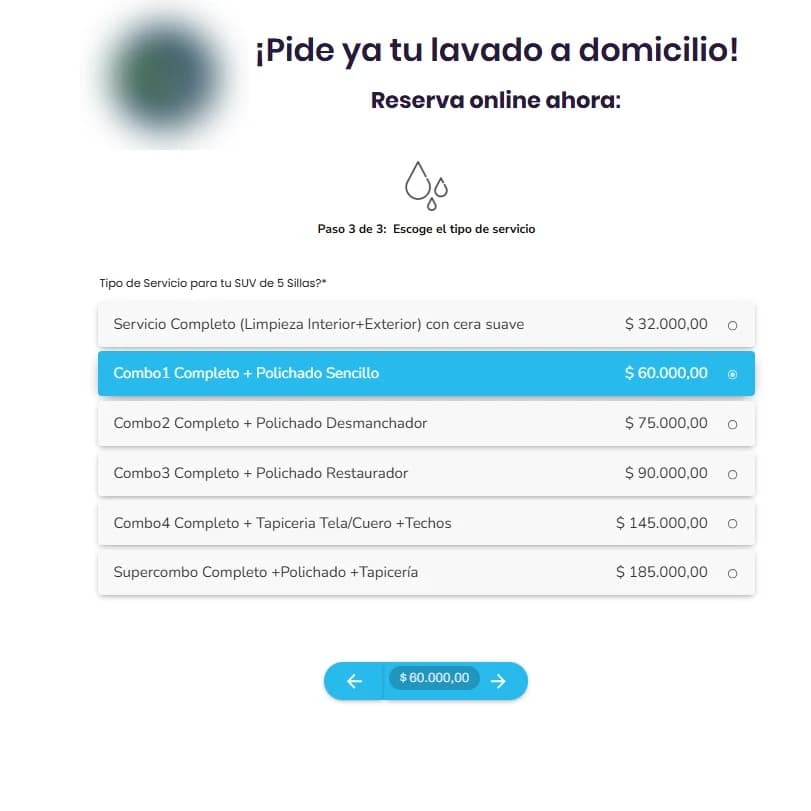 Paso 3 del sistema de reservas: el cliente escoge el tipo de servicio de lavado