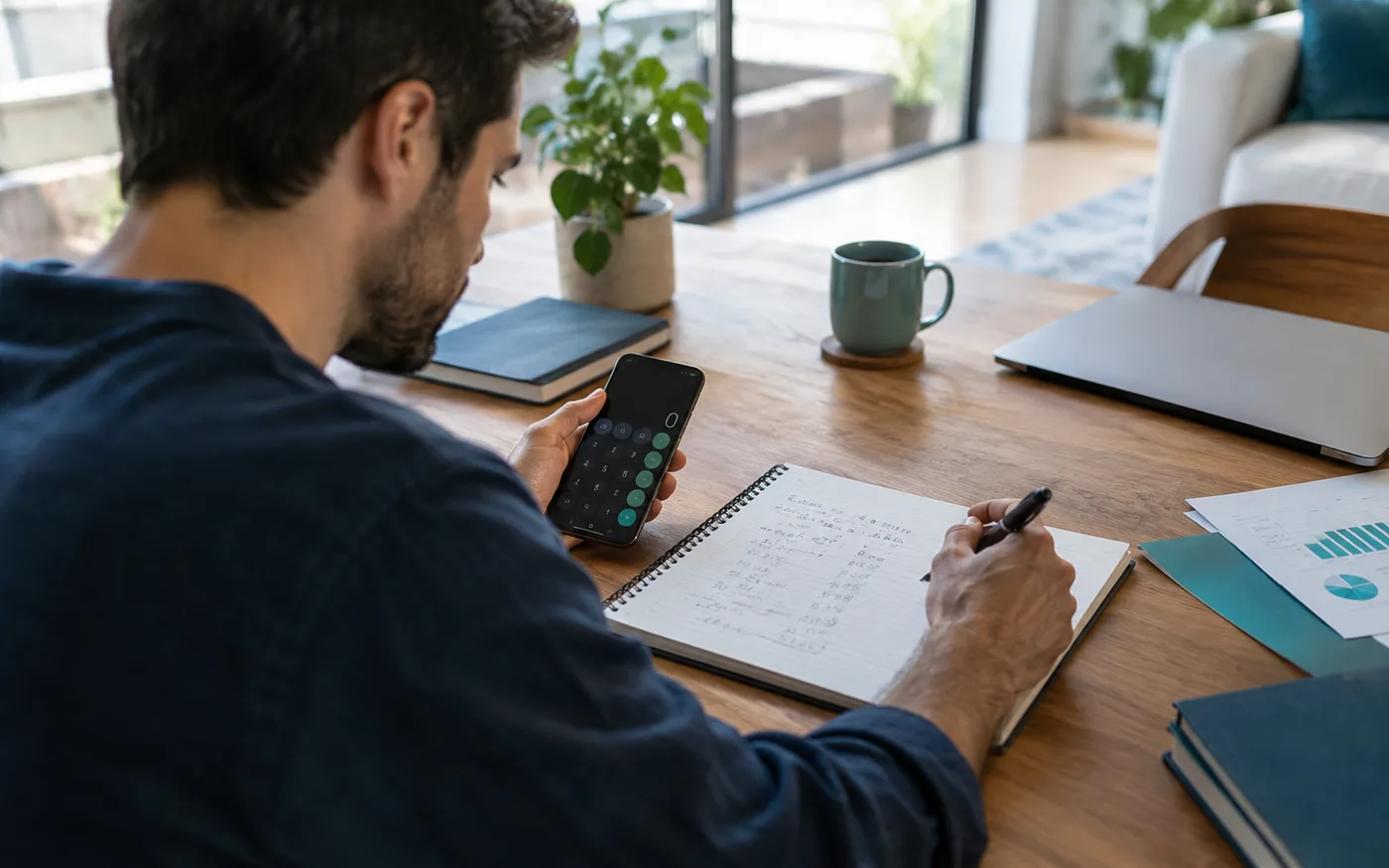 Persona calculando el capital de trabajo y planificando las finanzas de un negocio en un cuaderno