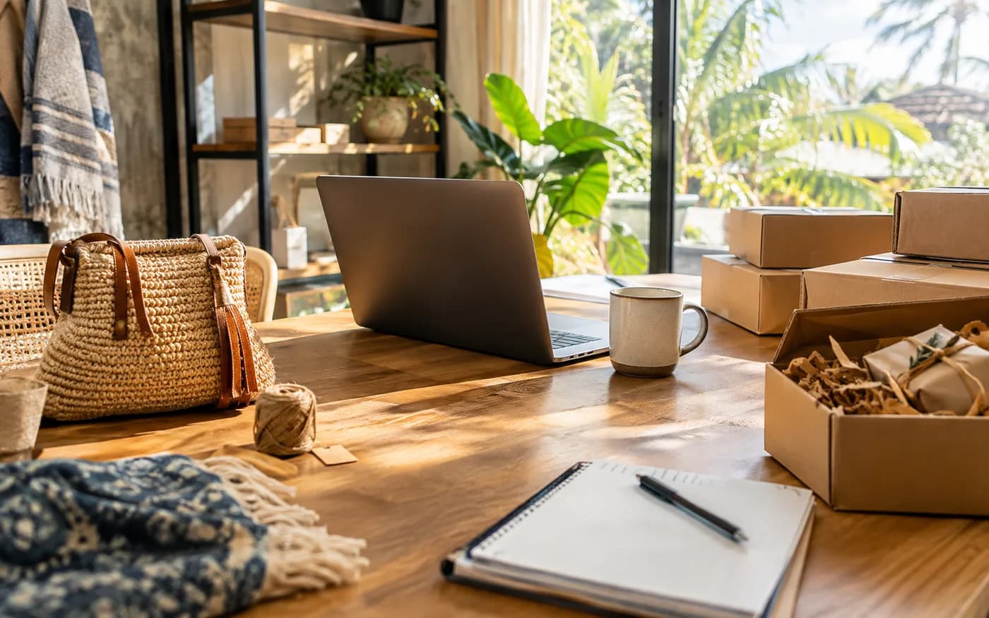 Escritorio de trabajo en casa con laptop y cajas de envío, representando distintas formas de emprender desde casa