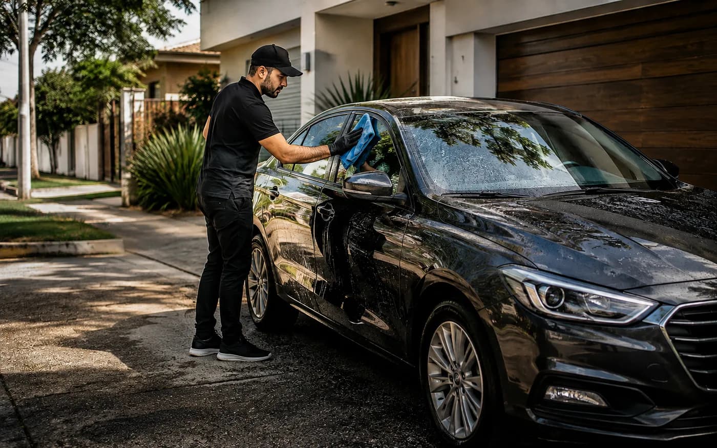 Persona lavando un auto a domicilio en la entrada de una casa, sin depender de un local comercial