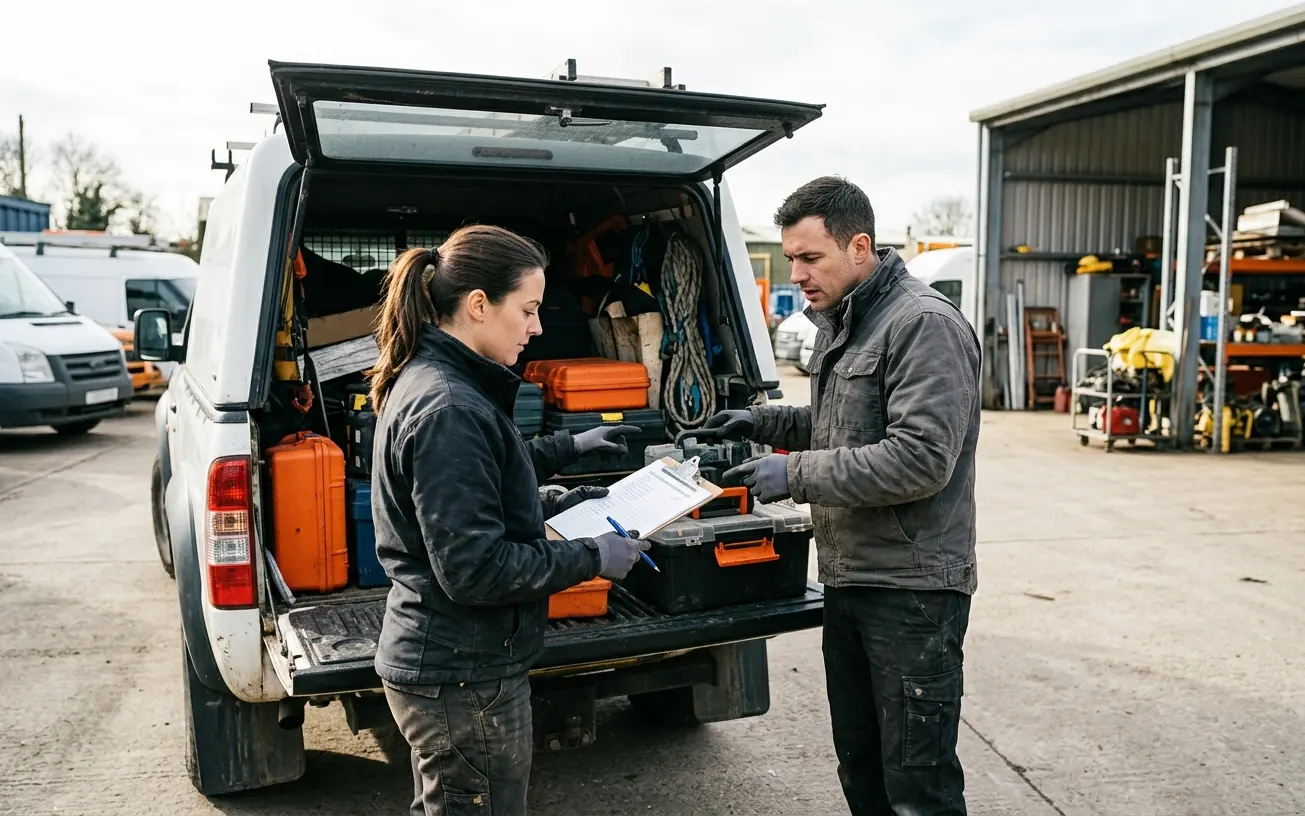 Equipo de trabajo cargando su vehículo con equipos y materiales antes de salir a atender las citas del día