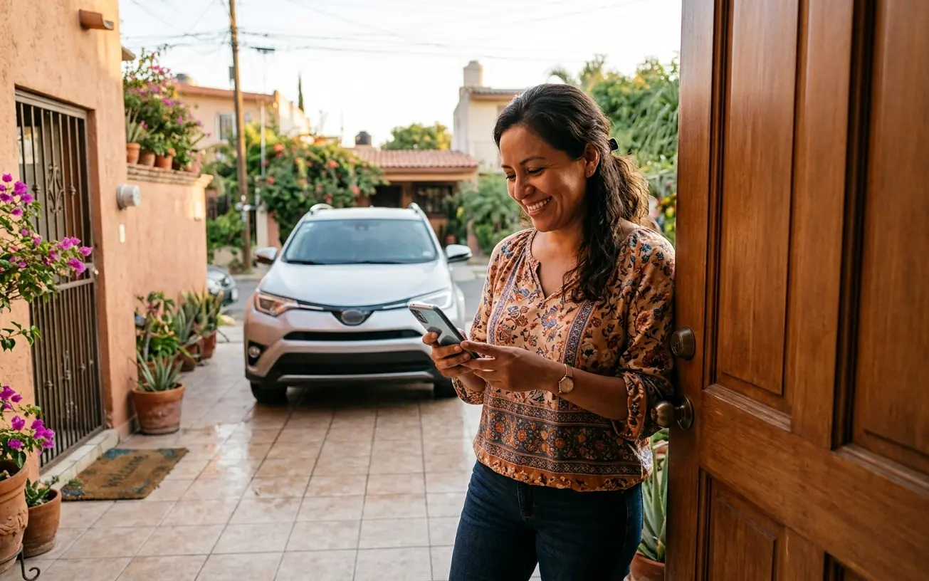 Cliente revisando en su teléfono las reseñas de un servicio mientras el equipo trabaja al fondo