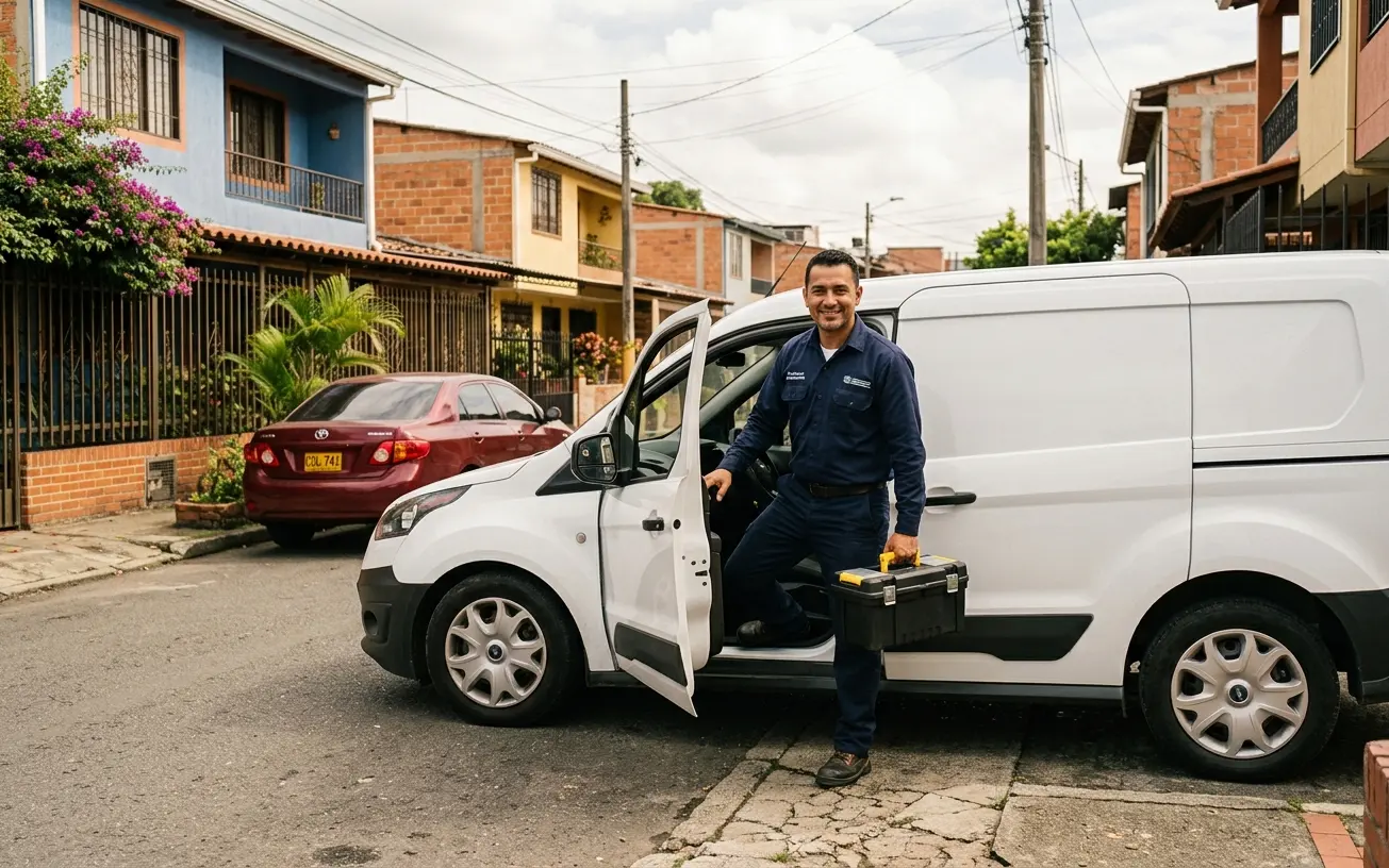 Prestador de un servicio a domicilio llegando a una calle residencial con su equipo de trabajo