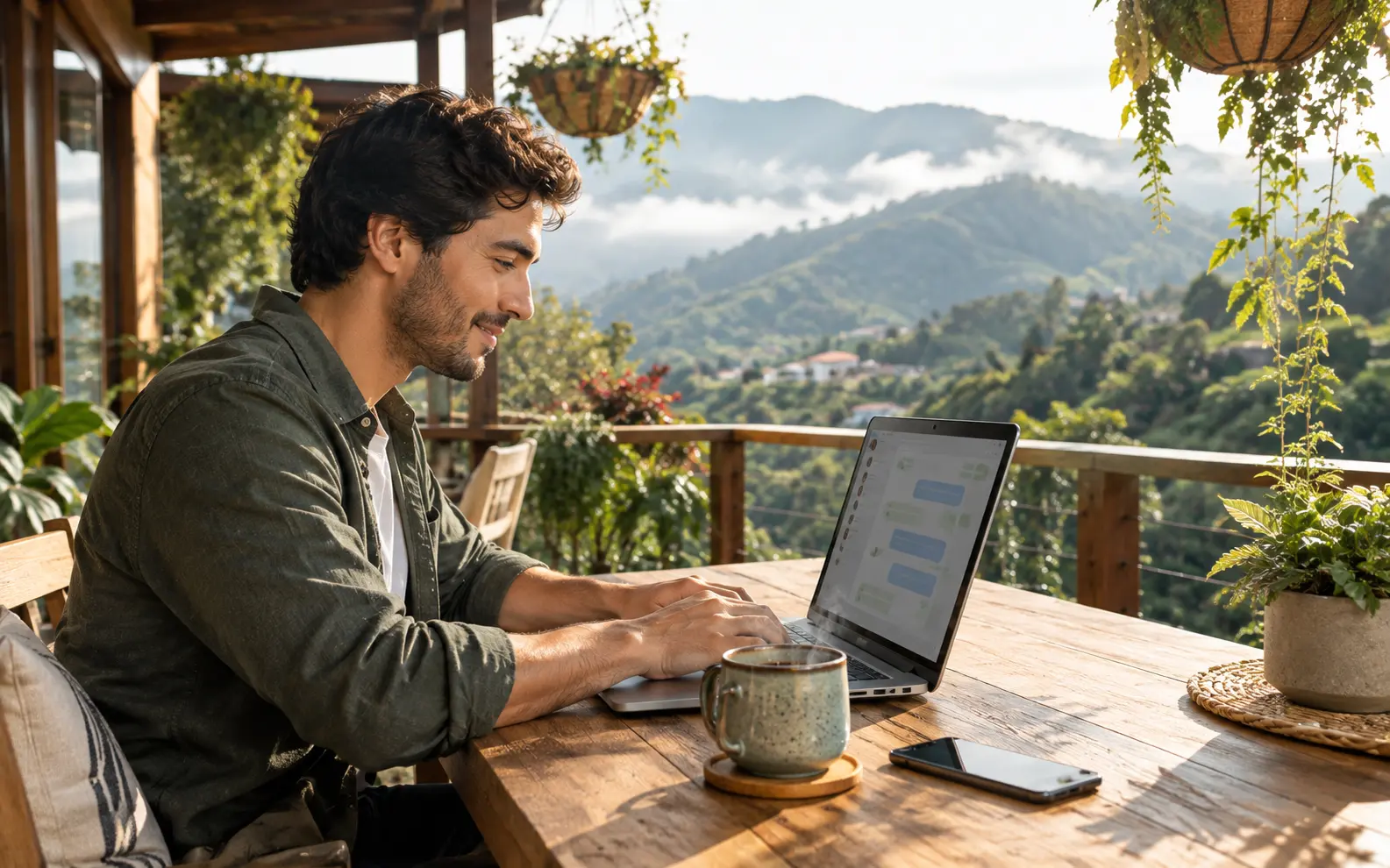 Joven nómada digital respondiendo mensajes de clientes en su portátil mientras toma un café en la terraza de una casa de montaña