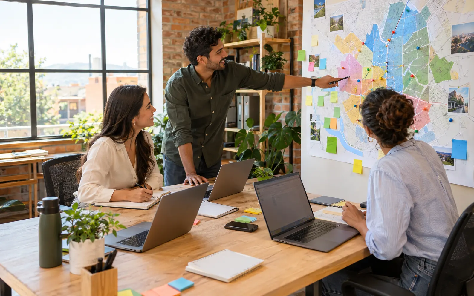 Tres jóvenes emprendedores planeando una estrategia de retención de clientes por zonas frente a un tablero con un mapa, en un espacio de coworking