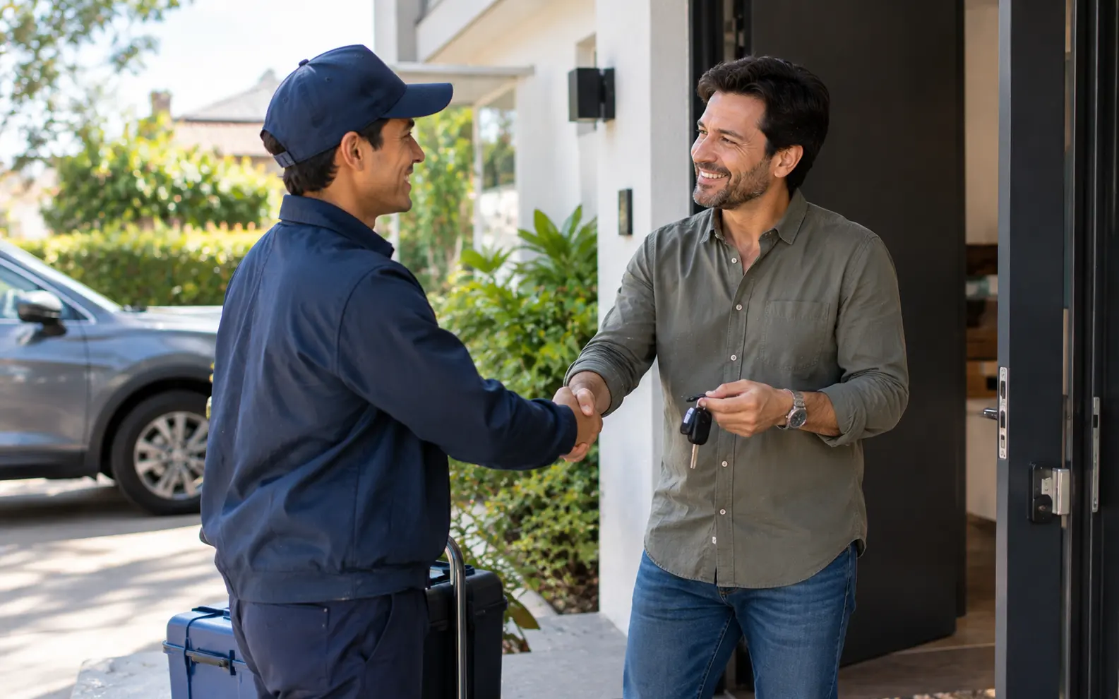 Prestador de un servicio a domicilio siendo recibido por un cliente que ya lo conoce, en la puerta de su casa