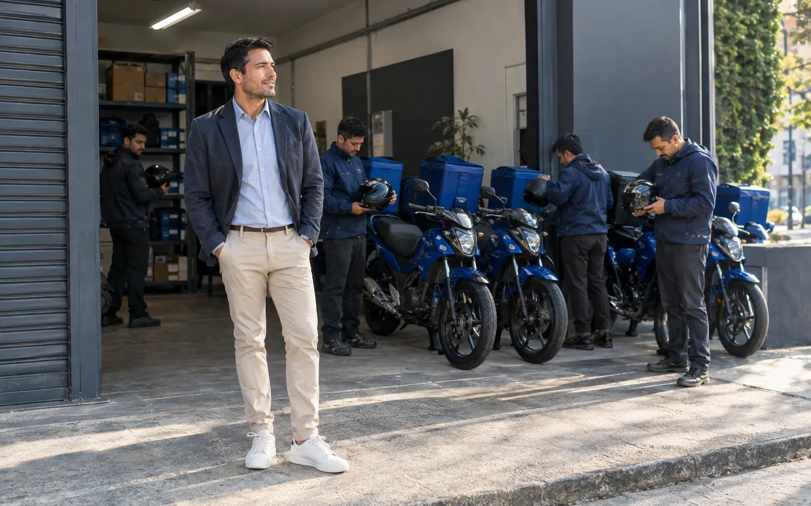 Emprendedor en la entrada de su propio negocio, mirando hacia la calle con confianza