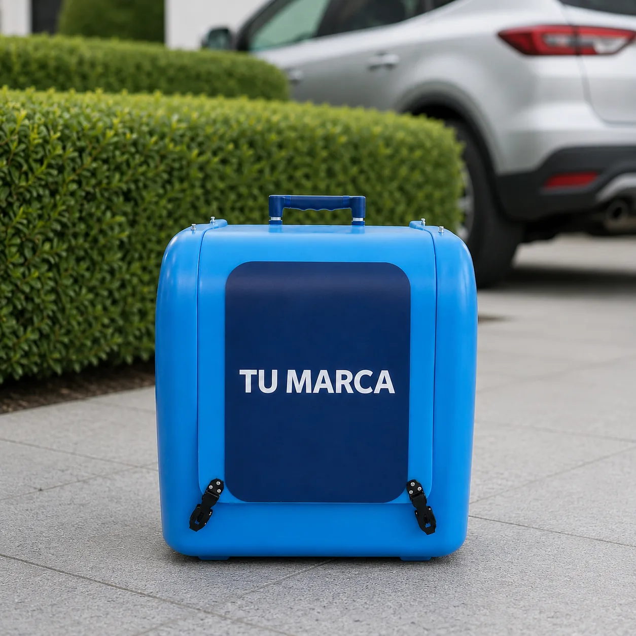 Hidrolavadora portátil Hydrobox con manija telescópica extendida, lista para rodar en un lavado de autos a domicilio