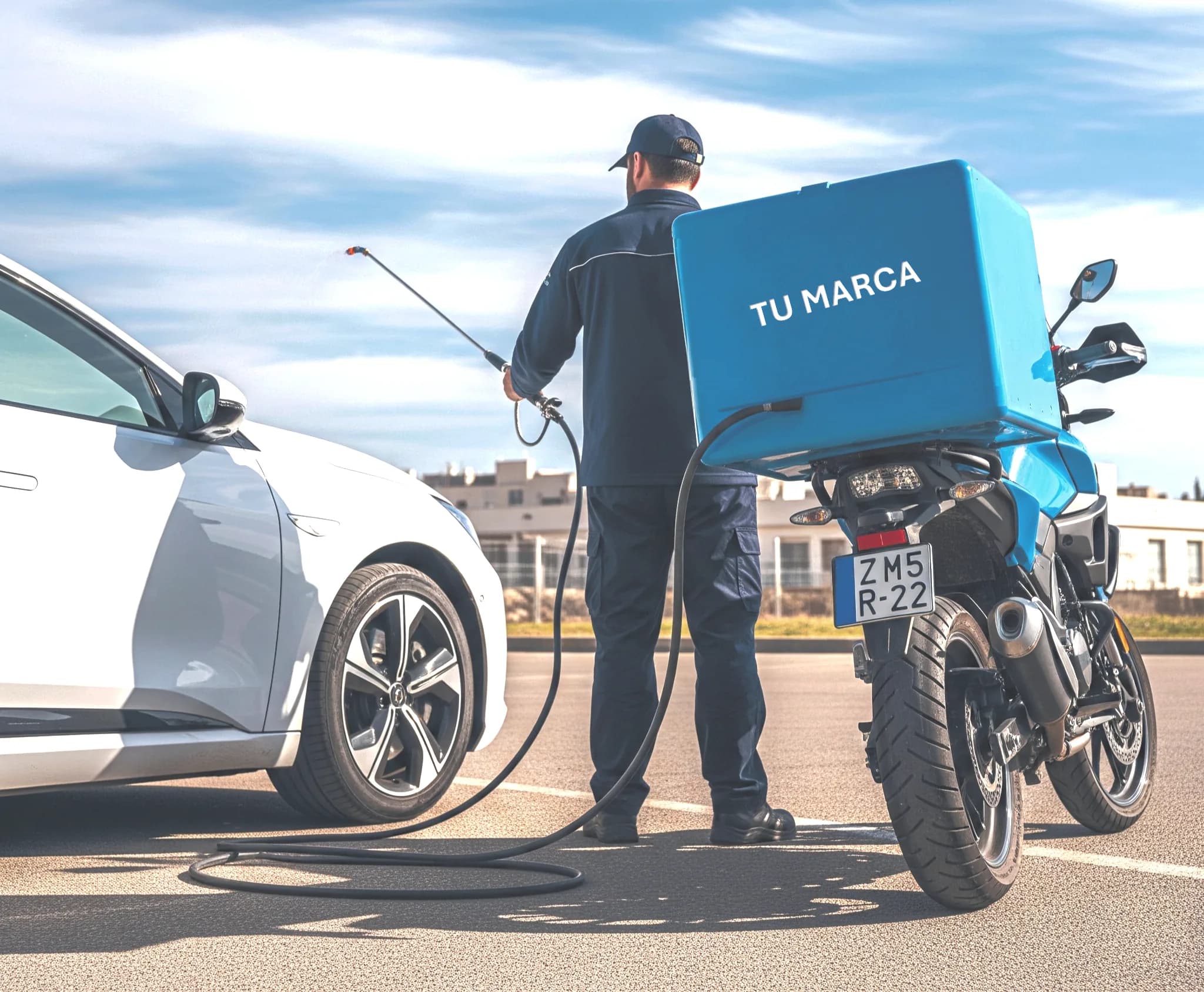 Operario en moto con el equipo HYDROBOX personalizado con su propia marca, listo para un servicio de Car Wash a domicilio