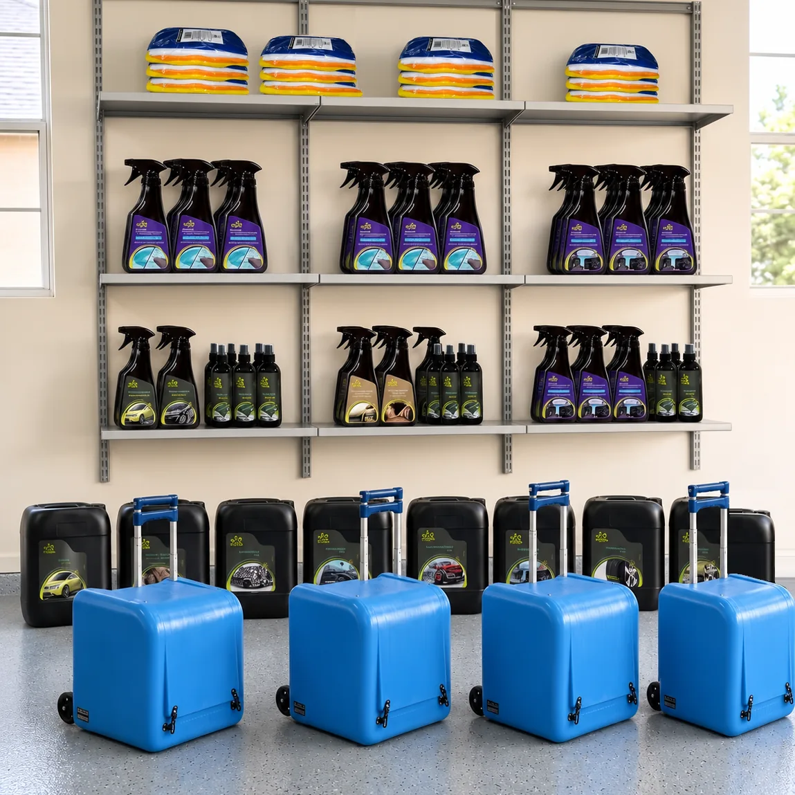 Estantería de un almacén de emprendedor con productos de limpieza UVA y equipos HYDROBOX portátiles listos para equipar un negocio de lavado de autos