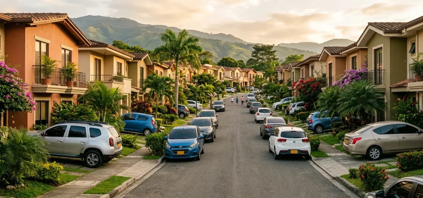 Conjunto residencial en una ciudad latinoamericana con autos estacionados frente a cada casa, el mercado natural de un Car Wash a domicilio